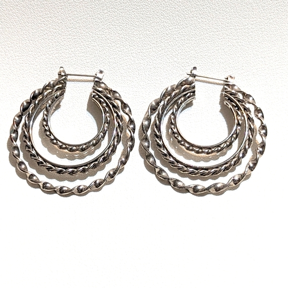 Jewelry - Vintage Silver-toned Textured Triple Row Detailed Hoop Earrings